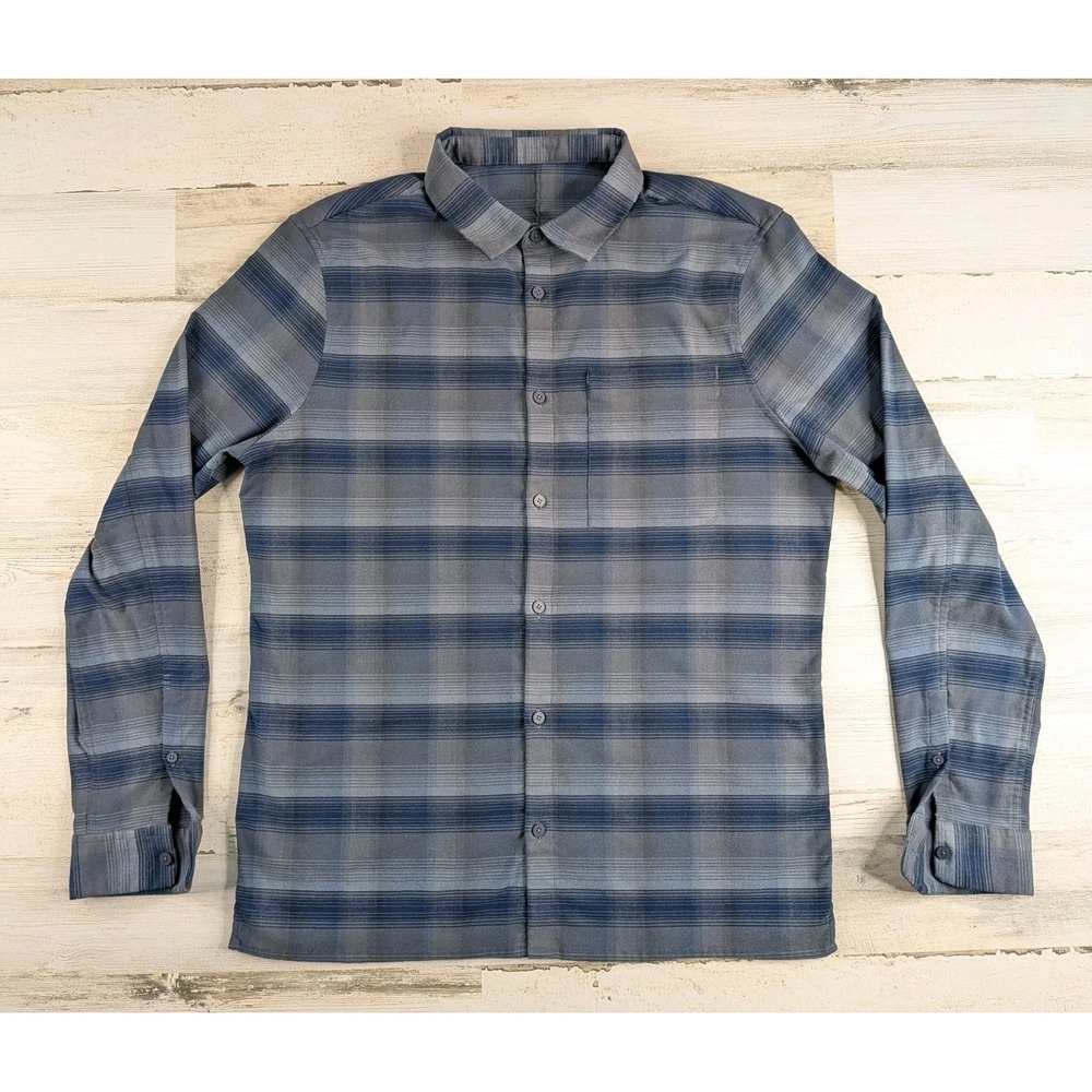 Lululemon Mens Masons Peak Flannel Button Up Shirt Blue Grey Striped Large